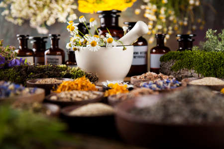 Fresh medicinal, healing herbs on woodenの写真素材