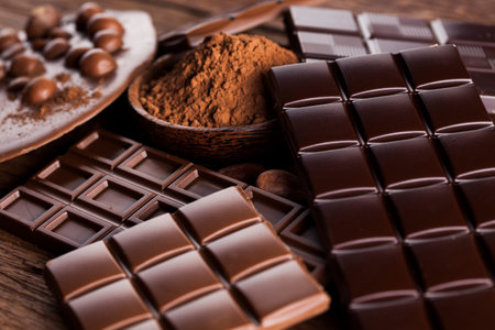 Aromatic cocoa and chocolate on wooden background