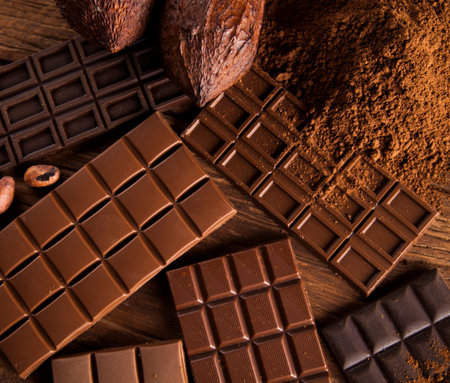 Chocolate sweet, cocoa pod and food dessert background