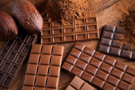 Cocoa pod and chocolate bar and food dessert background