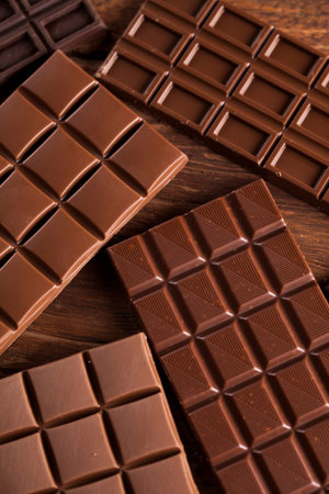 Bars Chocolate , candy sweet, dessert food on wooden background
