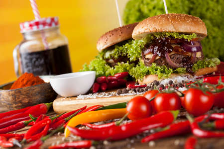 Home made hamburge, wooden desk backgroundの写真素材