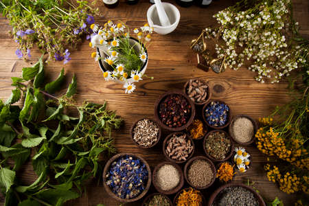 Healing herbs on wooden table, mortar and herbal medicineの写真素材
