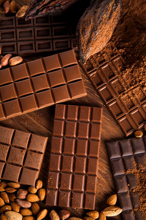 Chocolate sweet, cocoa pod and food dessert background