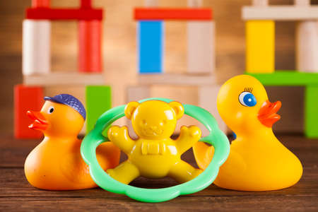 Children's of toy accessories on wooden backgroundの写真素材