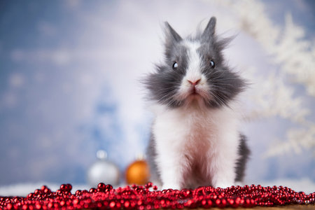 Funny bunny and Christmas background with winter decoration