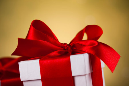 Gift box with red ribbon, Holiday Christmas background