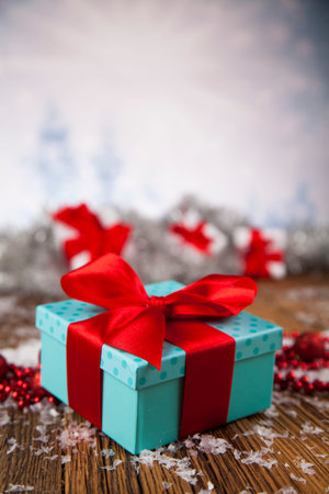 Balls, Gift box with red ribbon, Holiday background