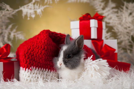 Holiday Christmas bunny in Santa hat on gift box background