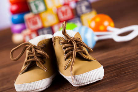 Children's of toy accessories on wooden backgroundの写真素材