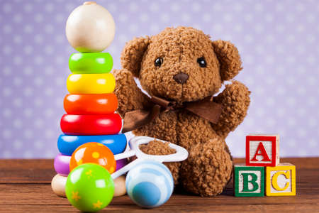 Set of children toys, Wooden backgroundの写真素材