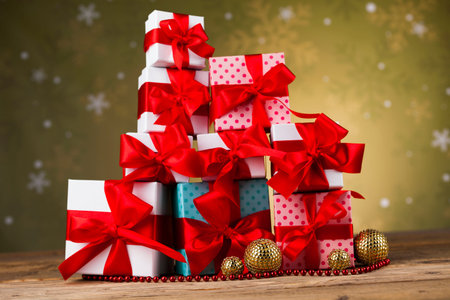Balls, Gift box with red ribbon, Holiday background