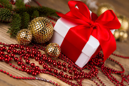 Balls, Gift box with red ribbon, Holiday background
