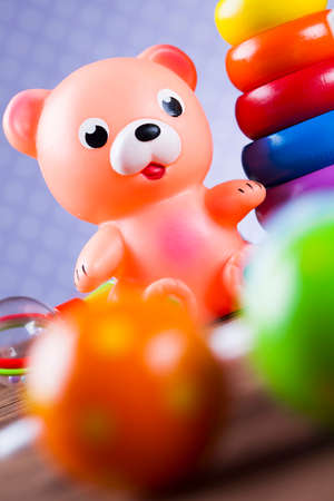 Set of children toys, Wooden backgroundの写真素材