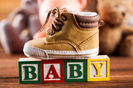 Wooden toy cubes with letters, Wooden alphabet blocksの写真素材