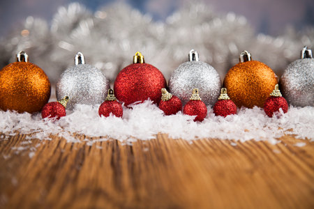 Holiday Christmas, balls on shiny backgroundの写真素材
