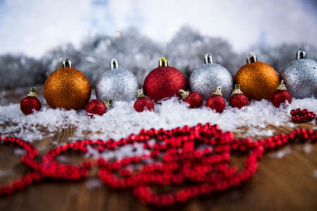 Holiday Christmas, balls on shiny backgroundの写真素材