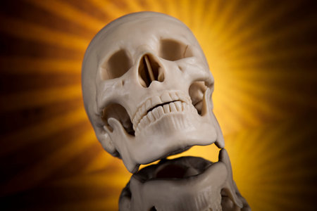 Human skull, black background