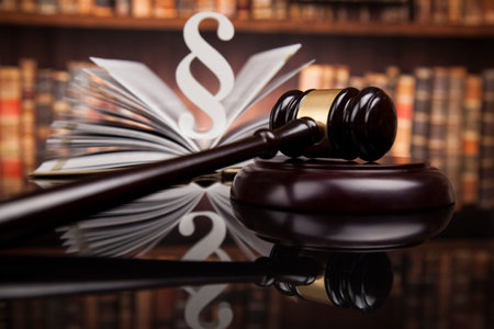 law theme, mallet of the judge, justice scale, books, wooden desk