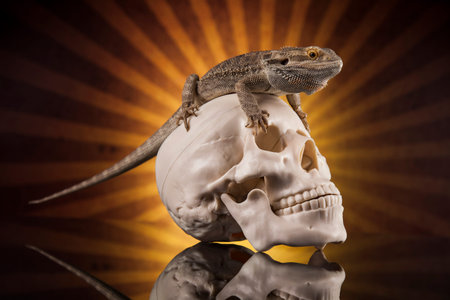 Skull, Agama bearded, lizard backgroundの写真素材