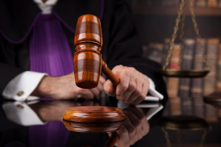 Courtroom, Judge, male judge in black mirror backgroundの写真素材