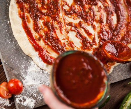 Delicious pizza served on wooden tableの写真素材