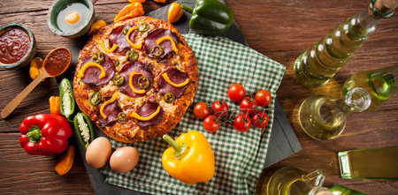 Fresh italian pizza on wood. Fast foodの写真素材