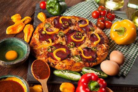 Delicious pizza served on wooden tableの写真素材