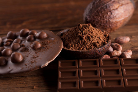 Aromatic cocoa and chocolate on wooden backgroundの写真素材