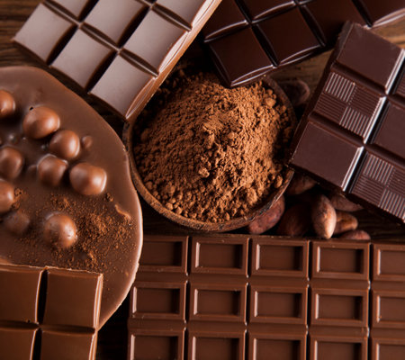 Aromatic cocoa and chocolate on wooden background