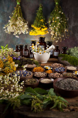 Natural medicine, herbs, mortar on wooden table backgroundの写真素材