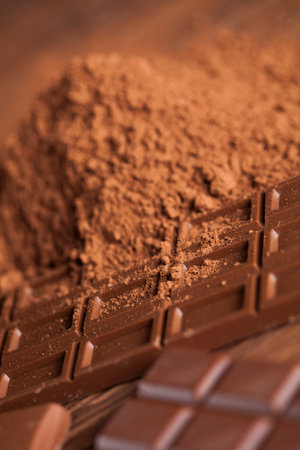 Chocolate sweet, cocoa pod and food dessert background