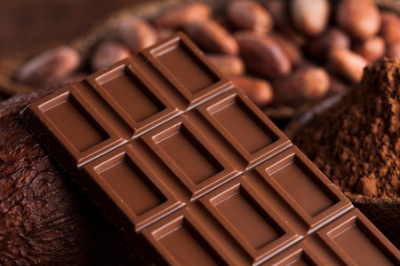 Dark homemade chocolate and cocoa pod on woodenの写真素材