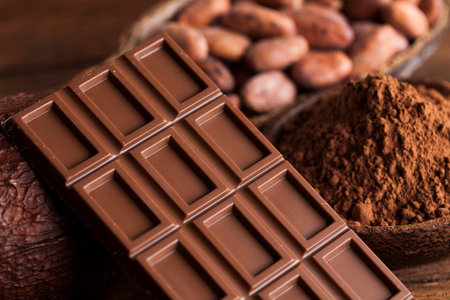 Dark homemade chocolate and cocoa pod on wooden