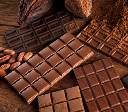 Cocoa pod and chocolate bar and food dessert background