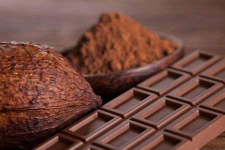 Aromatic cocoa and chocolate on wooden backgroundの写真素材
