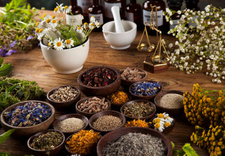 Healing herbs on wooden table, mortar and herbal medicineの写真素材