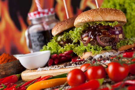 Home made hamburge, wooden desk backgroundの写真素材