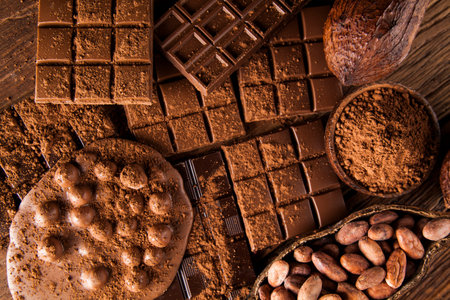 Milk and dark chocolate on a wooden table