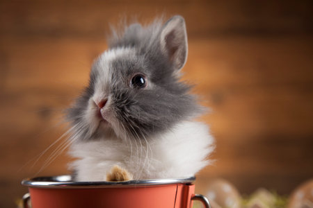 Baby bunny and egg on wooden backgroundの写真素材