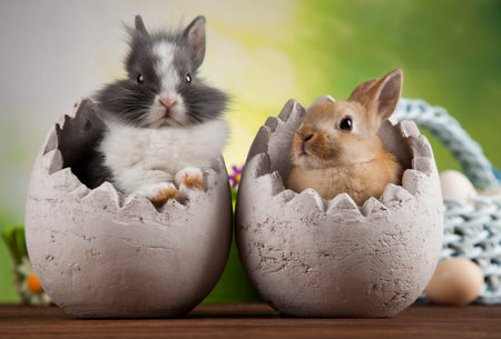 Rabbits with Easter on wooden background