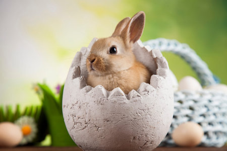 Rabbits with Easter on wooden background