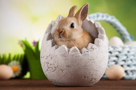 Rabbits with Easter on wooden background