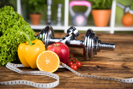 Diet and fitness, dumbbell with vitaminの写真素材