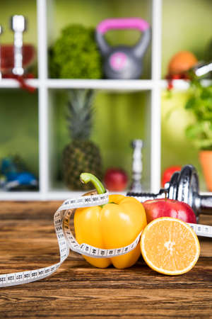 Vitamin and Fitness diet, dumbbellの写真素材