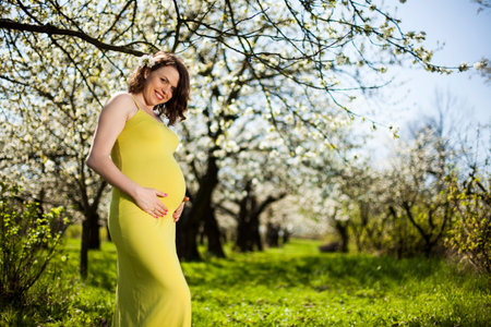 Spring, Young beautiful pregnant woman in the Orchardの写真素材