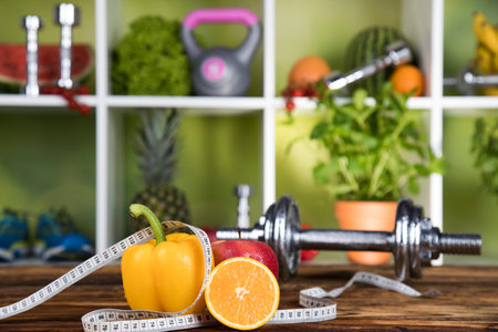 Vitamin and Fitness diet, dumbbellの写真素材