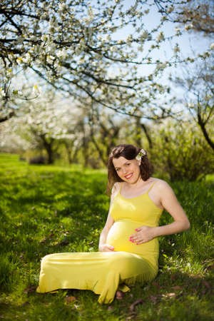 Spring, Young beautiful pregnant woman in the Orchardの写真素材