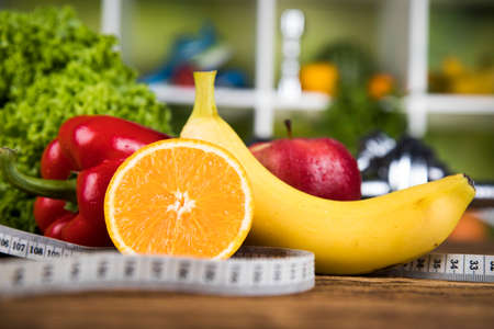 Vitamin and Fitness diet, dumbbellの写真素材