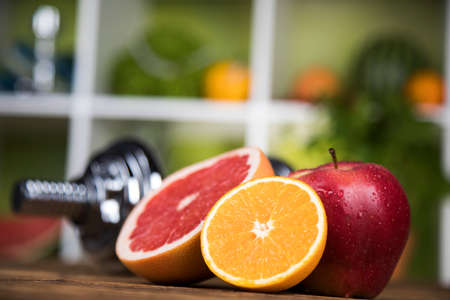 Vitamin and Fitness diet, dumbbellの写真素材